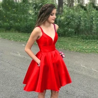 bright red satin homecoming dress beading straps sweetheart a line skirt graduation dress pockets sexy cocktail gown