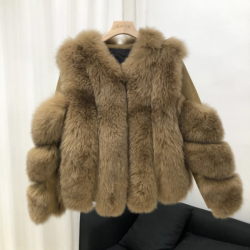 CAMEL Rf1929 зимнее короткое пальто из натурального Лисьего меха Stlye FluffyReal, натуральная кожа, натуральный мех, куртка с длинным рукавом, женские пальто из натурального меха - Цвет: CAMEL