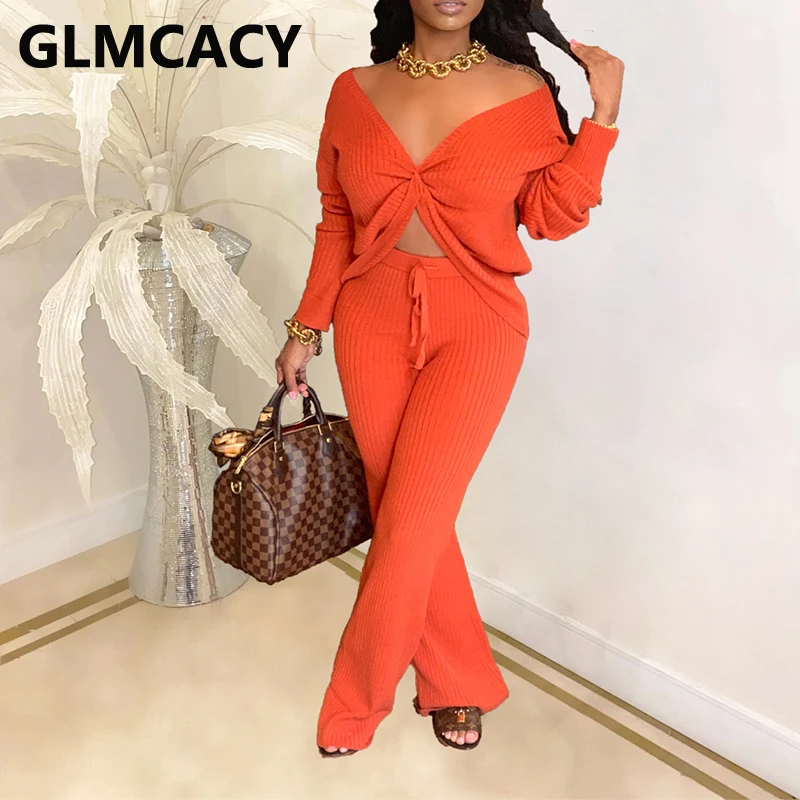 

Женские костюмы из двух предметов в рубчик, Топ с длинным рукавом и повседневные брюки с широкими штанинами