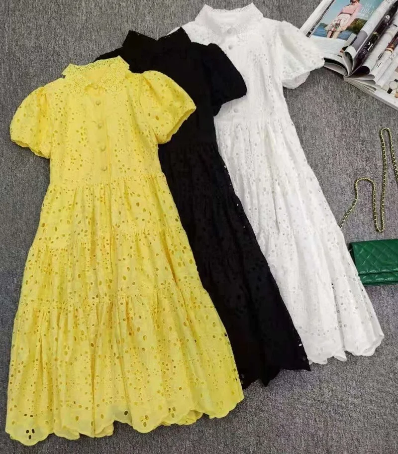 

2021 Summer Fashion White Yellow Black Dress High Quality Women Turn-down Collar Hollow Out Embroidery Short Sleeve Dress Chic