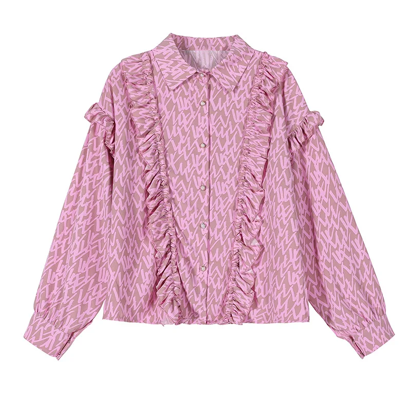

Real shot 2021 spring new Korean version of French Lapel splicing Ruffle Long Sleeve Chiffon shirt loose top women
