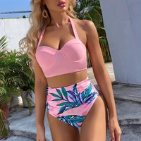 sexy high waist print women bikini swimsuit 2021 summer female bandage swimwear bikini set push up summer halter beachwear suits