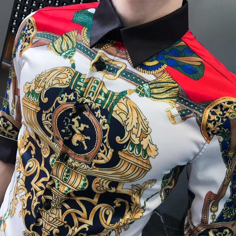 Модная летняя приталенная рубашка мужская с коротким рукавом и принтом рабочая