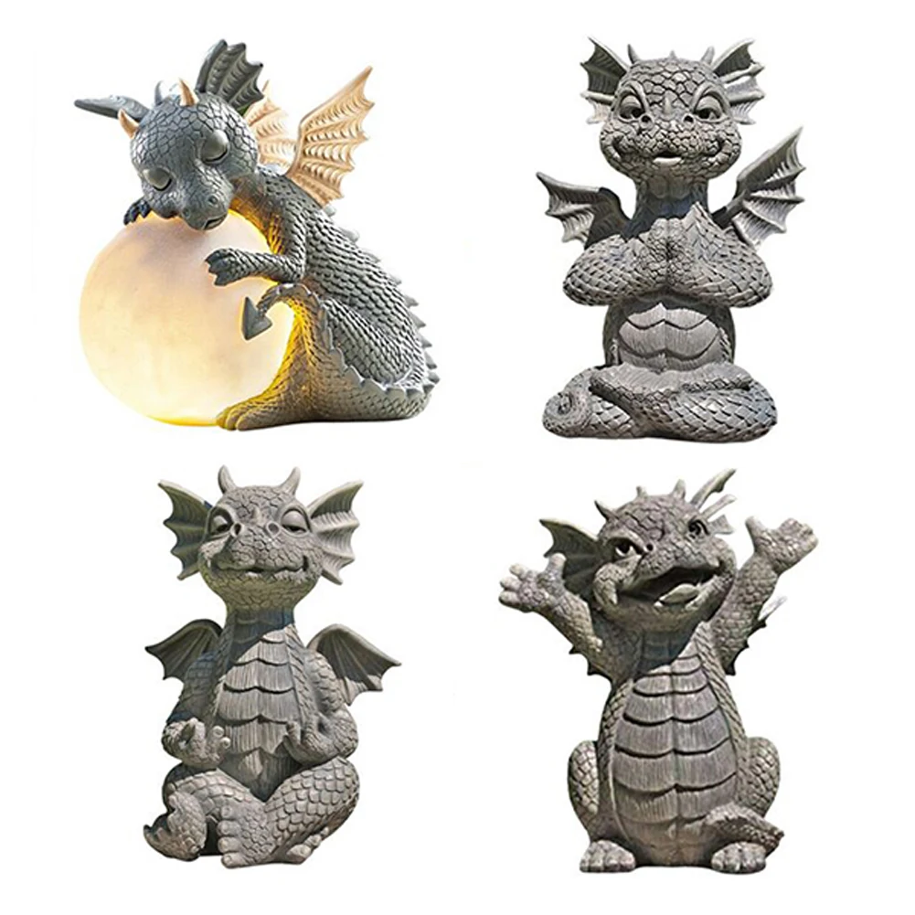 

Resin Garden Meditated Dragon Garden Decoration Realistic Animal Statue With Lamp Garden Ornament Accessories Desk Decor Gift