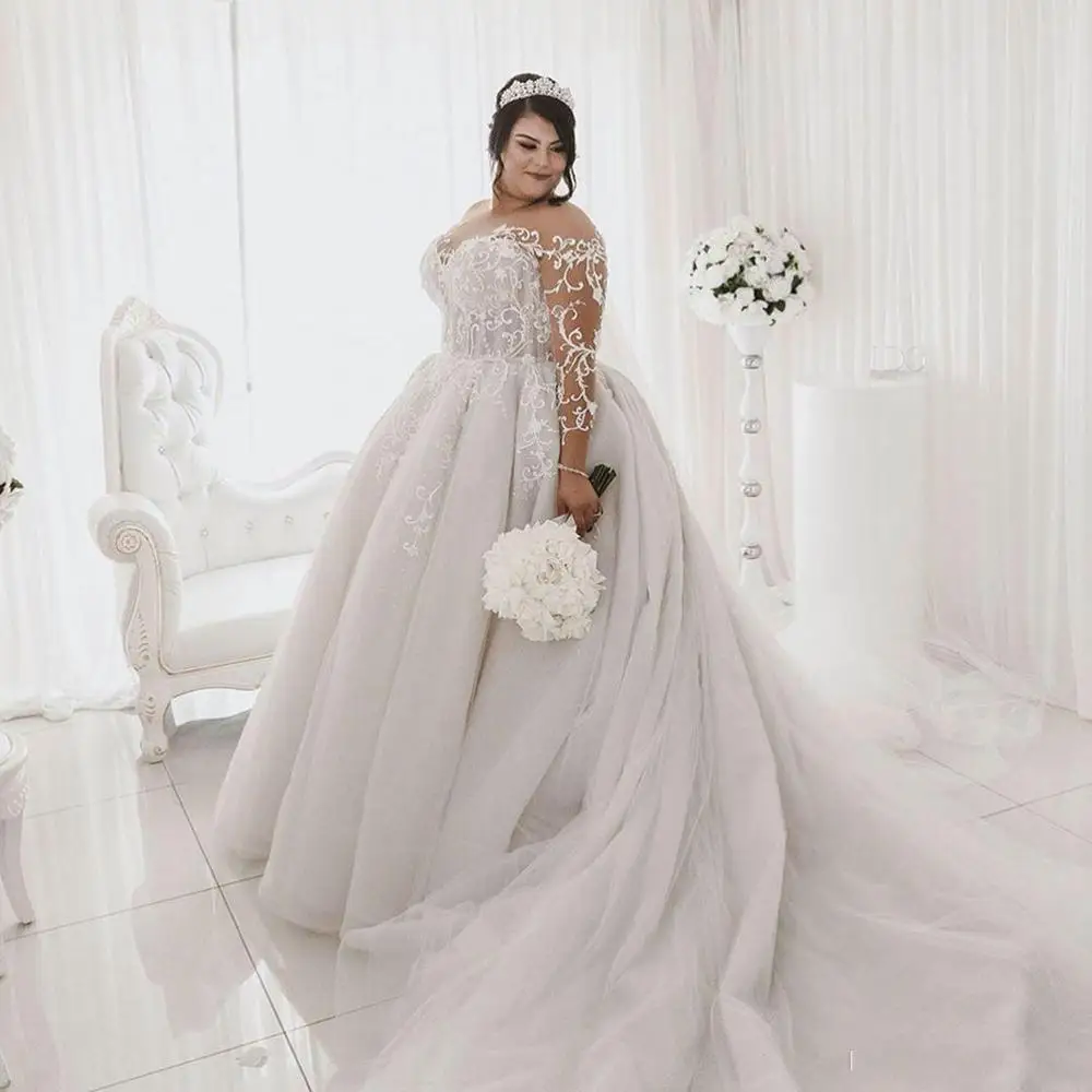 2020 размера плюс свадебные платья Воротник Sheer Jewel Кружевная аппликация развертки