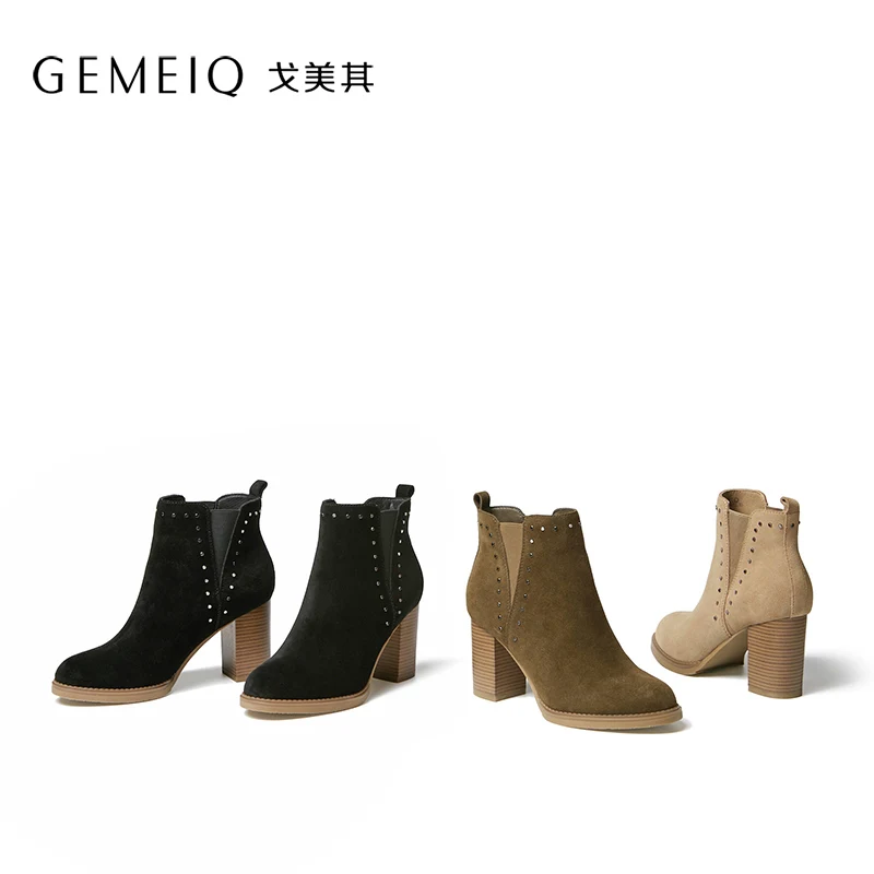 GEMEIQ/теплые ботинки из натуральной коровьей замши с заклепками короткая трубка