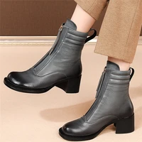 2020 winter shoes women genuine leather chunky high heels platform pumps shoes female high top round toe warm motorcycle boots