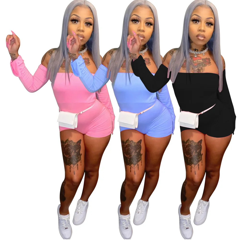 

Sexy off Shoulder Backless Jumpsuit Woman Club Party Wear Long Sleeve Bandage Shorts Bodycon Rompers 2021 Summer Solid Playsuit