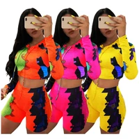 colorful camouflage printed two piece set hoodies crop top and shorts sets for women sexy casual activewear sweat suit spring