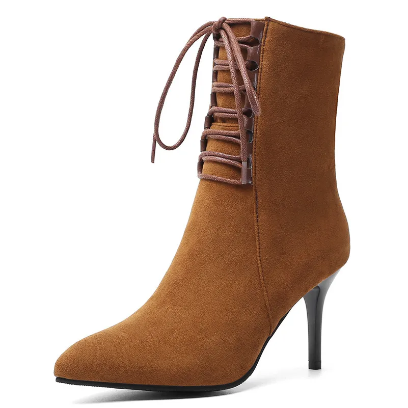 ANNYMOLI/женские ботинки Зимние ботильоны на молнии Короткие тонком каблуке Обувь