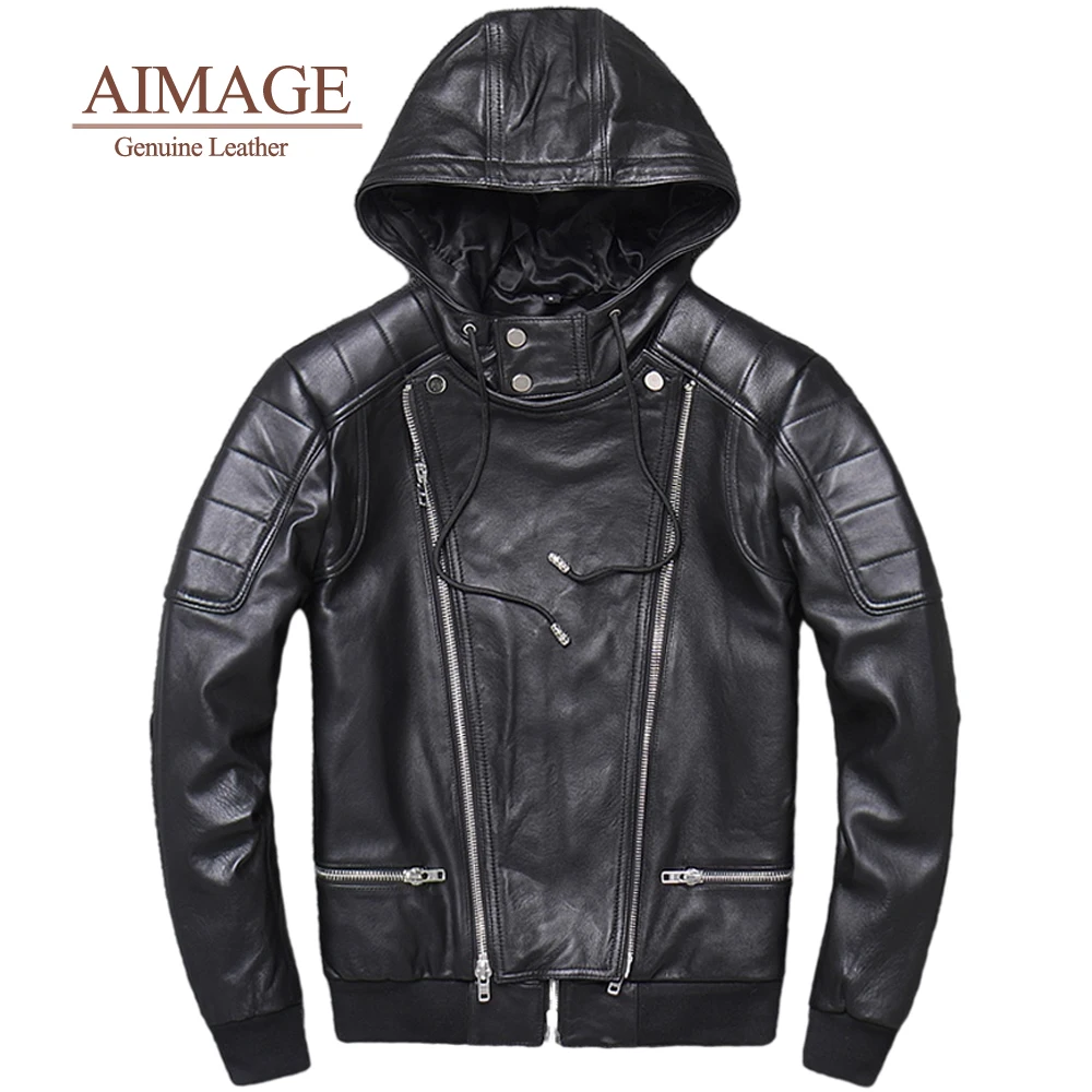 

100% real men sheepskin jackets hooded men leather chaquetas hombre casual motorcycle jacket Soft Vintage Black clothing PY149