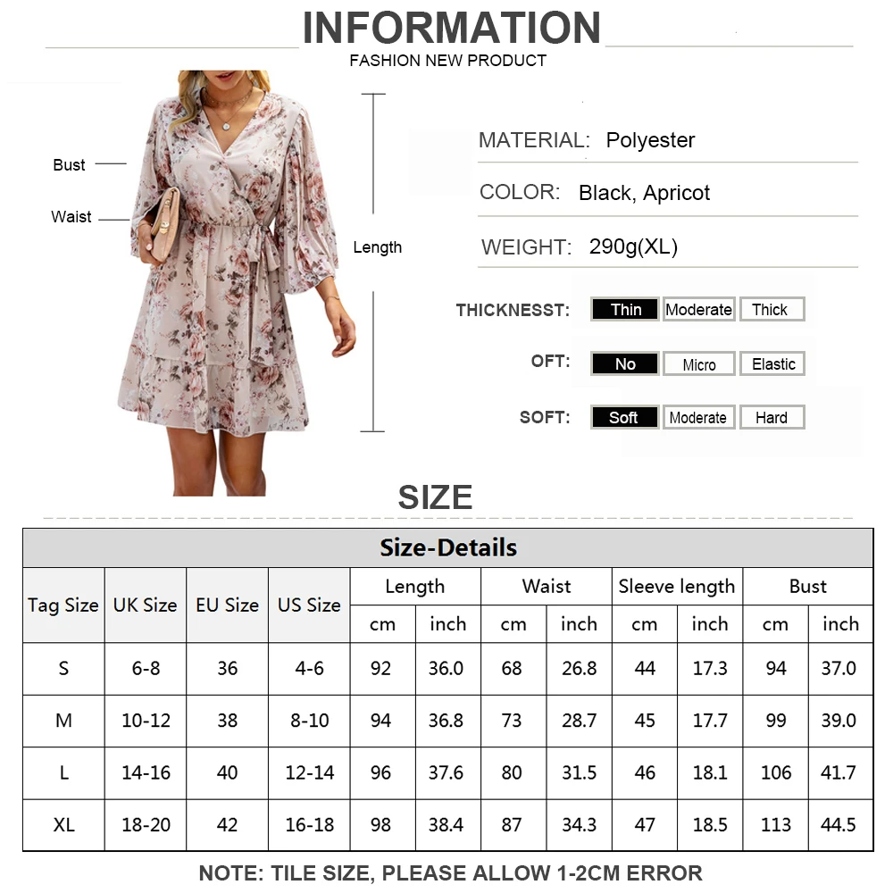 

Fashion Ladies Floral Print Wrap Dress Women's 3/4 Flare Sleeve Bohemian Mini Sundress V Neck Summer Holiday Beach Dresses D30