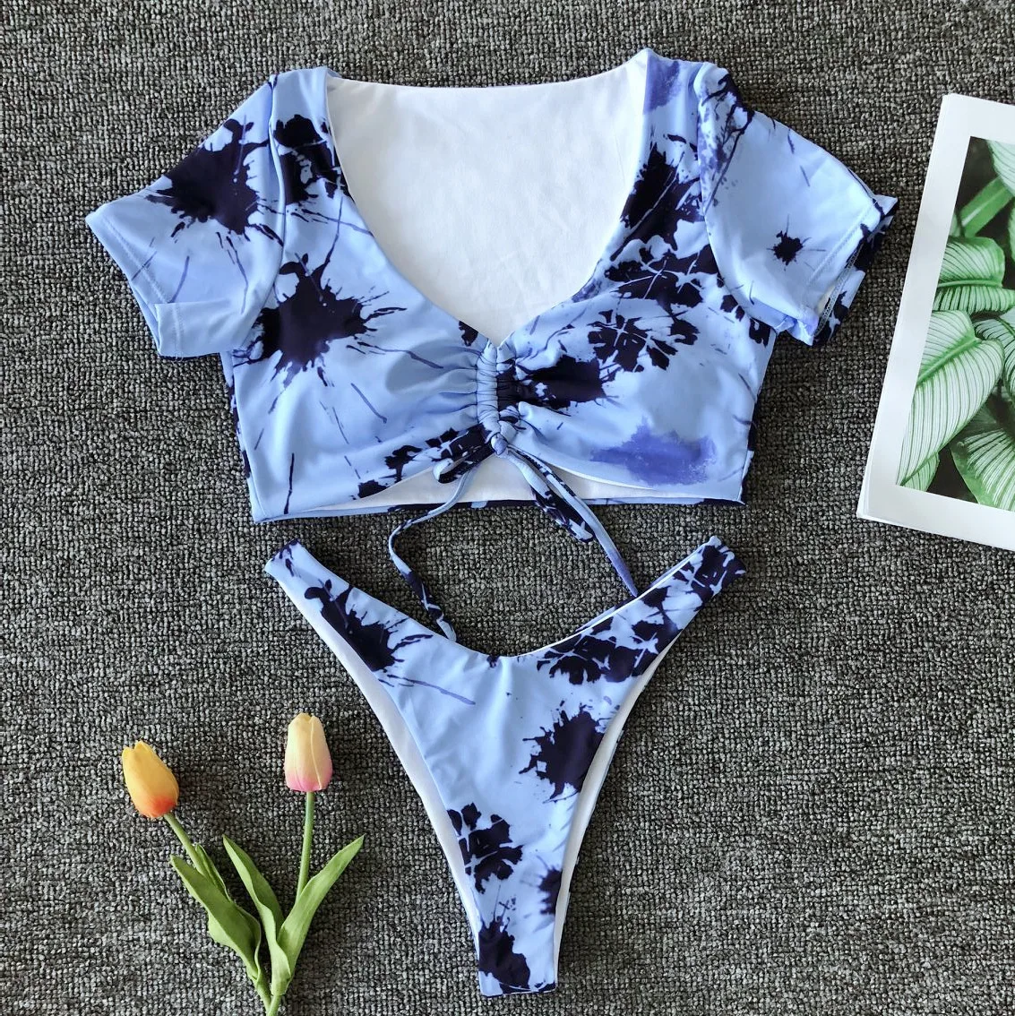 Короткий рукав комплект бикини градиент Цвет купальник v-образный вырез Высокая