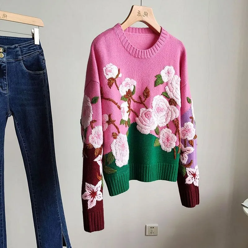 

Женский винтажный трикотажный свитер, Свободный пуловер с 3d цветочной вышивкой, элегантный трикотажный свитер на осень и зиму