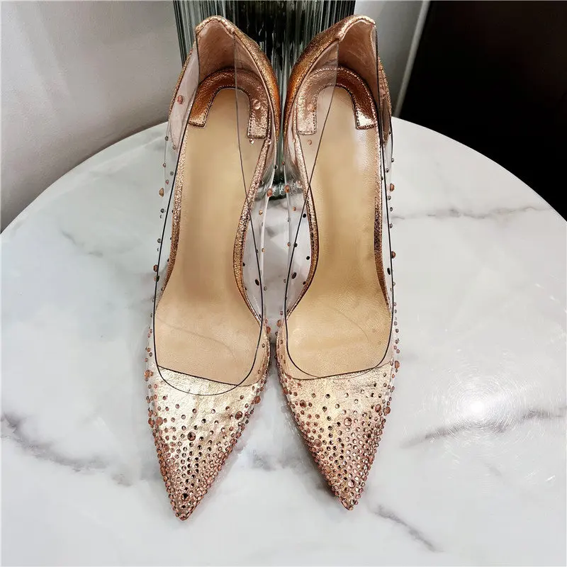 

Casual Designer Sexy Lady Fashion Women Shoes Gold Glitter Strass PVC Clear Pointy Toe Stiletto High Heels Pumps 12cm large size