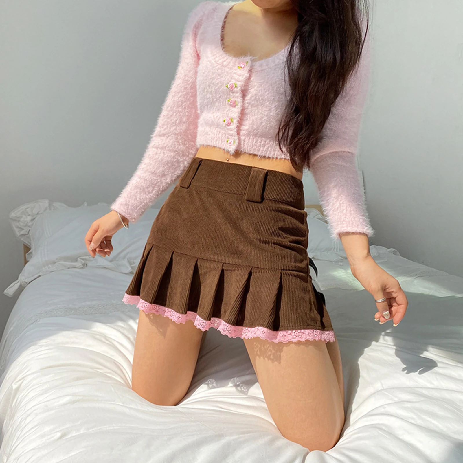 

New Fashion Brown Corduroy Pleated Skirts Women Vintage 90s Aesthetic School Girl Mini Skirt Lace Trim Hem Cute Kawaii Clothes