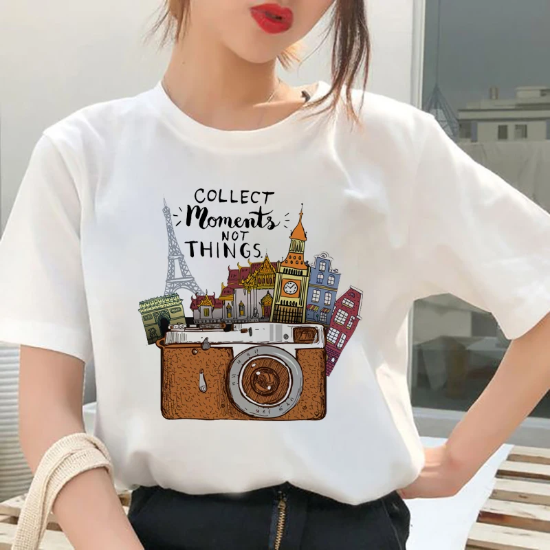 

Collect Moments Not Things Women Letter Printed T-shirt Ladies Vintage Short Sleeve Summer Simple Tops Femme Round Neck Clothes