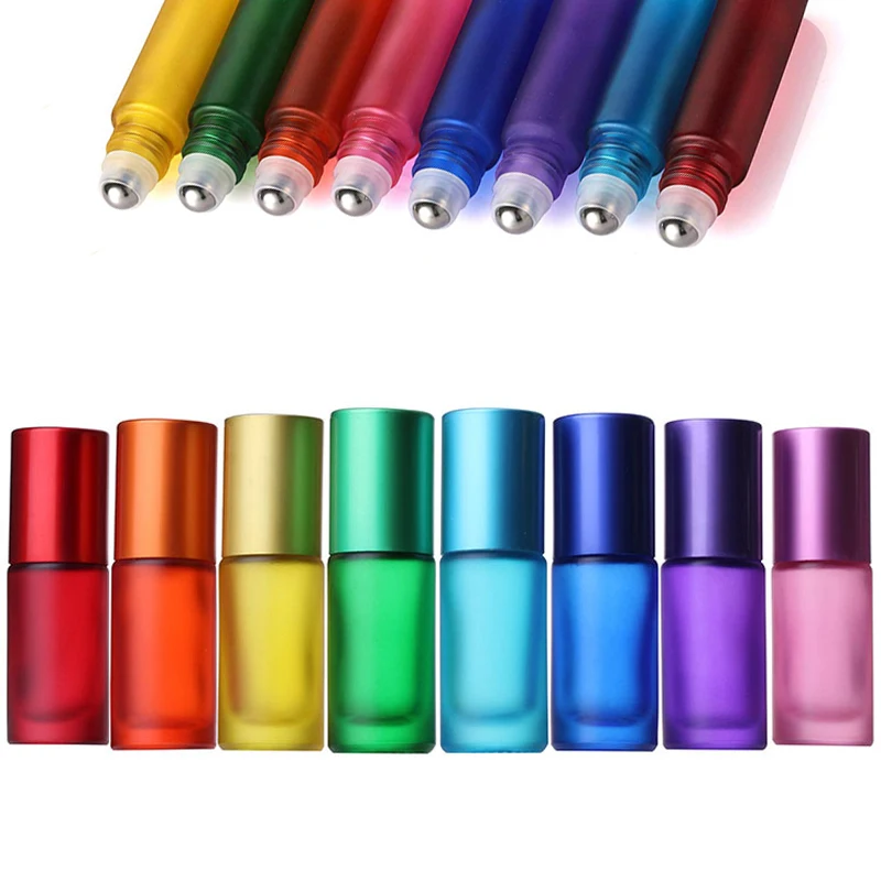 50pcs Portable Travel Essential Oil Vial Perfume Roller Ball Glass Bottles Roller Refillable Frosted Colorful 5ml Thick Glass Bo