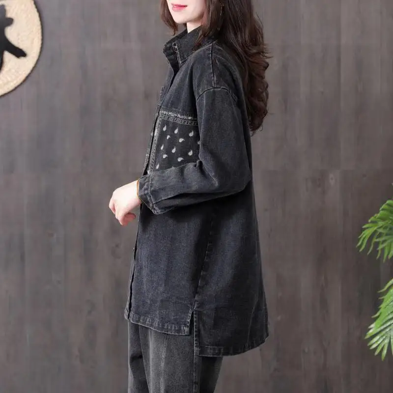 

Luxury Korean Style Ladies Pattern Print Shirts Womens Fashion Denim Vintage Long Sleeve Tops And Coat Plus Size LT982S30