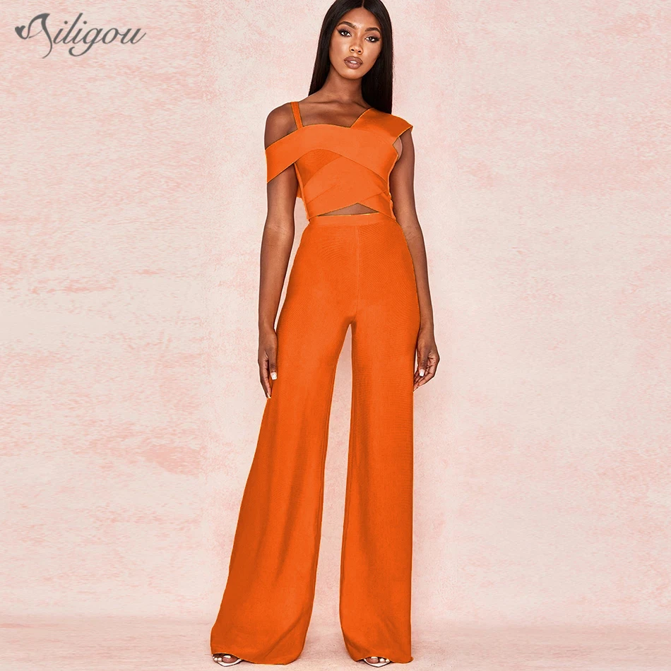 

Ailigou 2022 All Free Shipping Fashion Orange Two-Piece Sexy Spaghetti Strap Back Zip Design Celebrity Party Bandage Pants Set