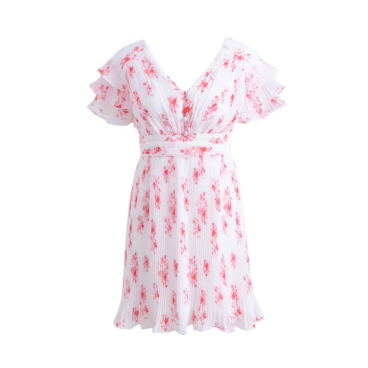 

Runway Designer Dress 2020 Summer Women Elegant Ruffles Draped Printed Chiffon Dress