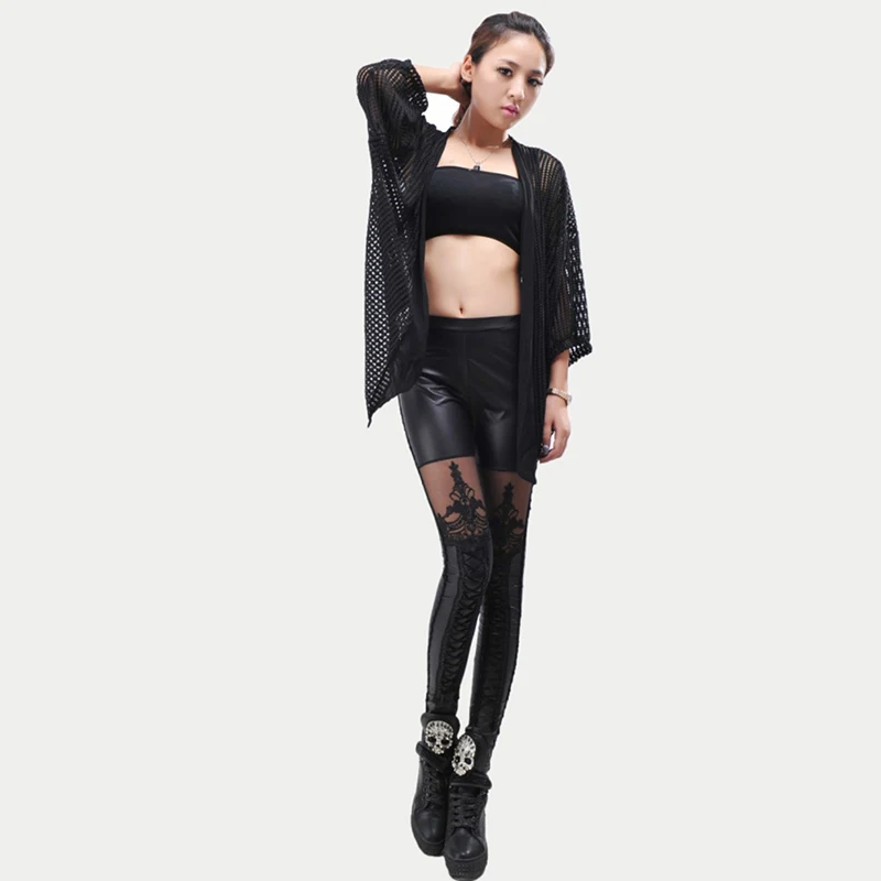 

Fashion Sexy Woman Stitching Lace Stretch Skinny Leg Faux Leather Leggings Women Pants Punk Autumn Skinny Pant