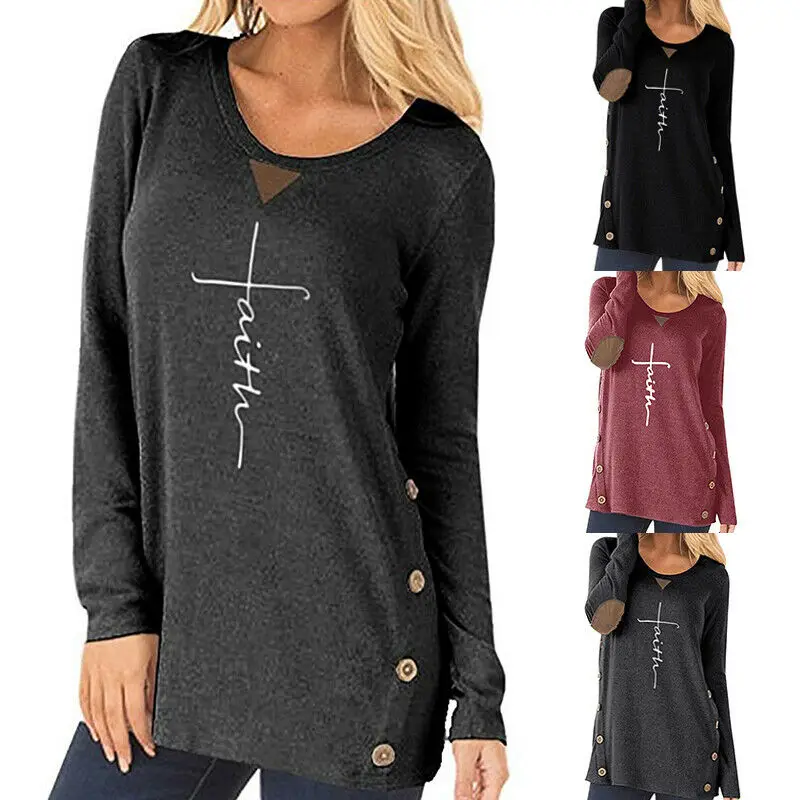 Женская блузка с принтом Faith однотонная круглым вырезом и длинным рукавом