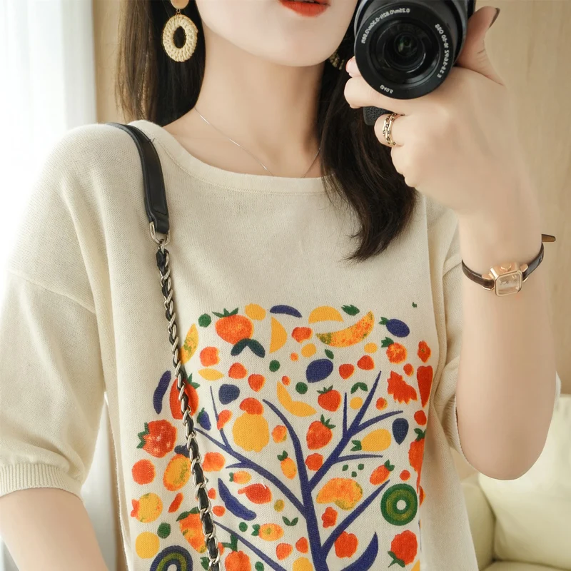 

2021Summer New 100%Cotton Knit Short Sleeve T-shirt Women Round Neck Pullover Printing Half Sleeve Base Pure Cotton Top Hot Sale