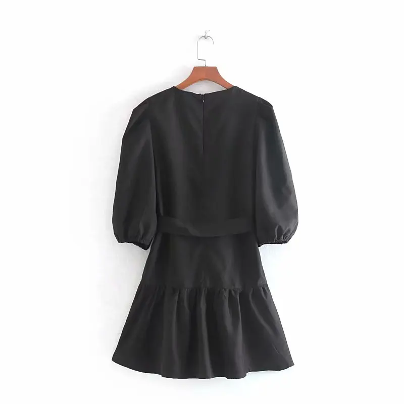 Осеннее женское модное мини платье с круглым воротником и рукавами фонариками