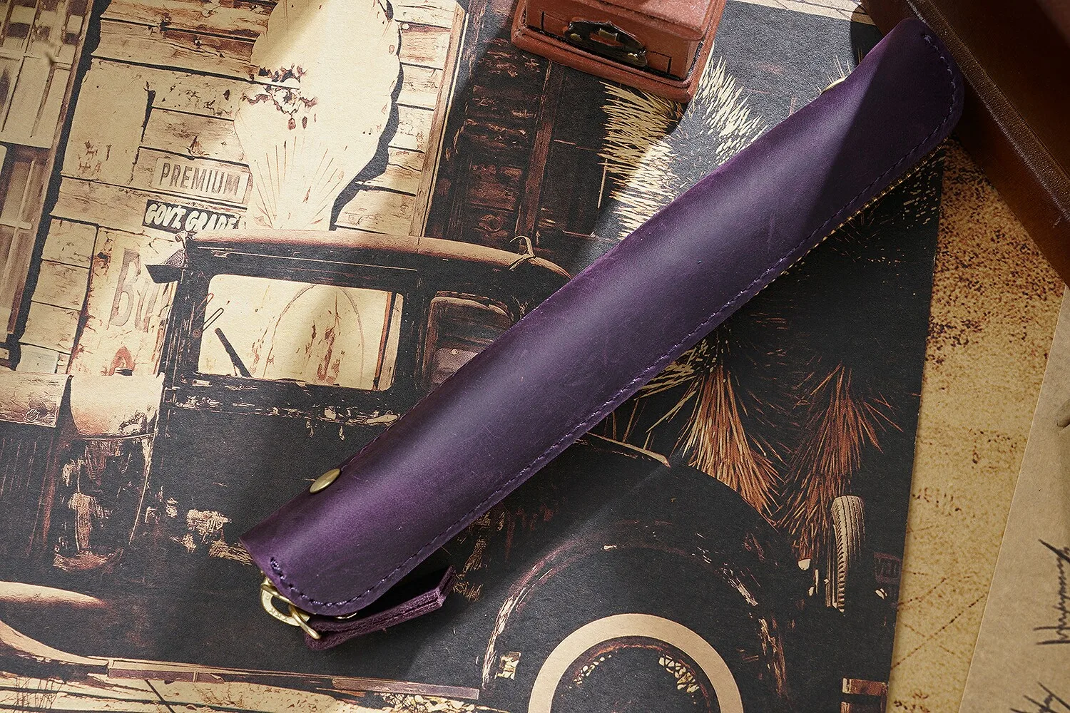 Genuine Leather Zipper Pen Bag Mini Small Pencil Case Apple Electronic Writing Pen Protective Sheath Creative Vintage Style