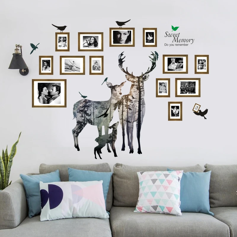 

European Simple Elks Family Silhouette Mural David's Deer Retro Photo Frame Wall Stickers Transferable Room Home Decor Decal DIY