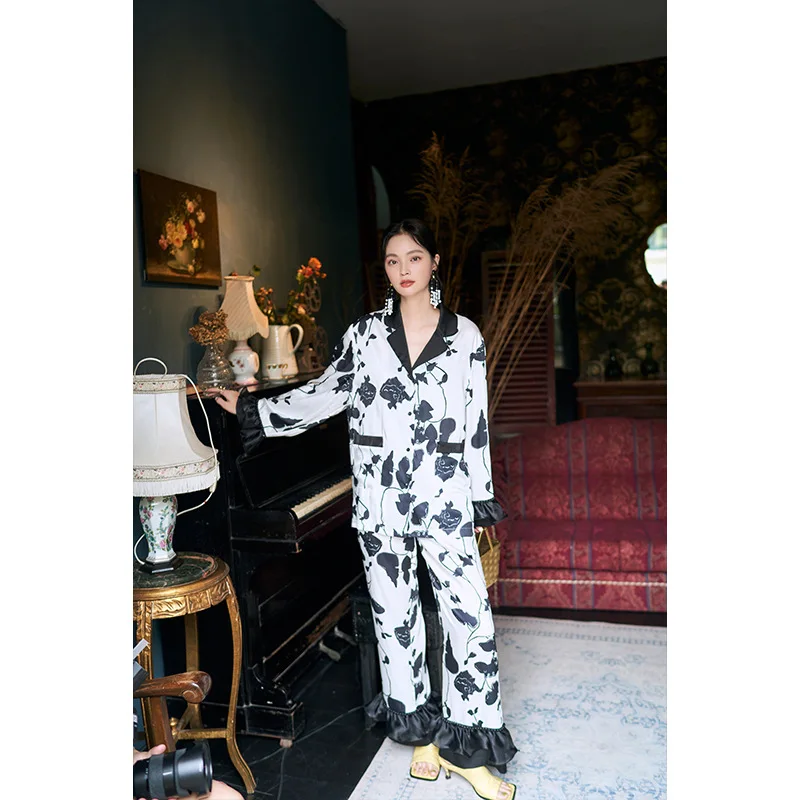 Platycodon flower ice silk pajamas new long-sleeved trousers two-piece women pajamas
