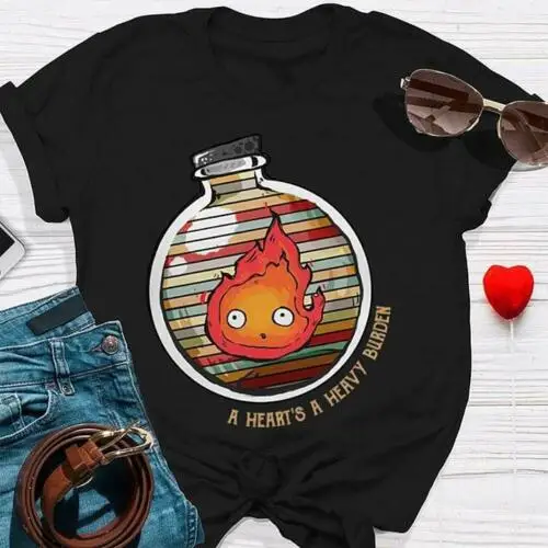 Calcifer Ghibli с украшениями в виде сердечек тяжелым грузом Винтаж футболка Черная