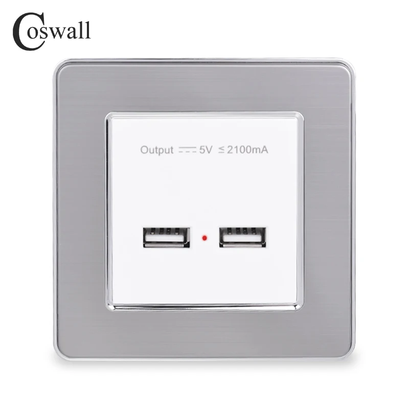 White COSWALL настенная розетка с двумя usb-портами для зарядки для мобильных телефонов 5 в 2,1 А, светодиодный индикатор, панель из нержавеющей стали - Тип: White