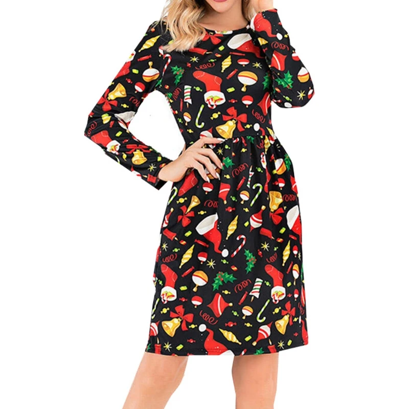 

Women Christmas Long Sleeve O-Neck Midi A-Line Dress Cartoon Printed Pullover Swing Flared Loose Xmas Holiday Party Wear with Po