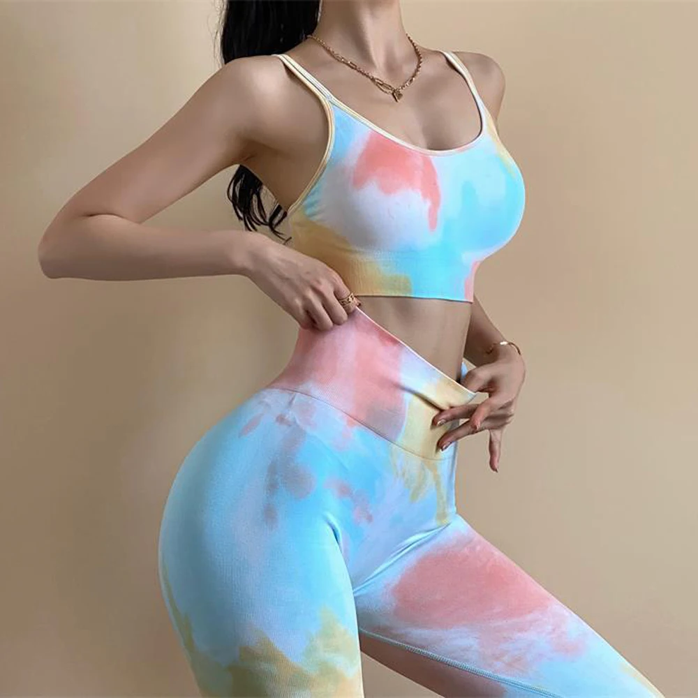 

Casual Workout Clothes for Women Yoga Set High-waisted Seamless Fitness Leggings Hip Lift Tracksuit Knitted Colorful Sport Suit