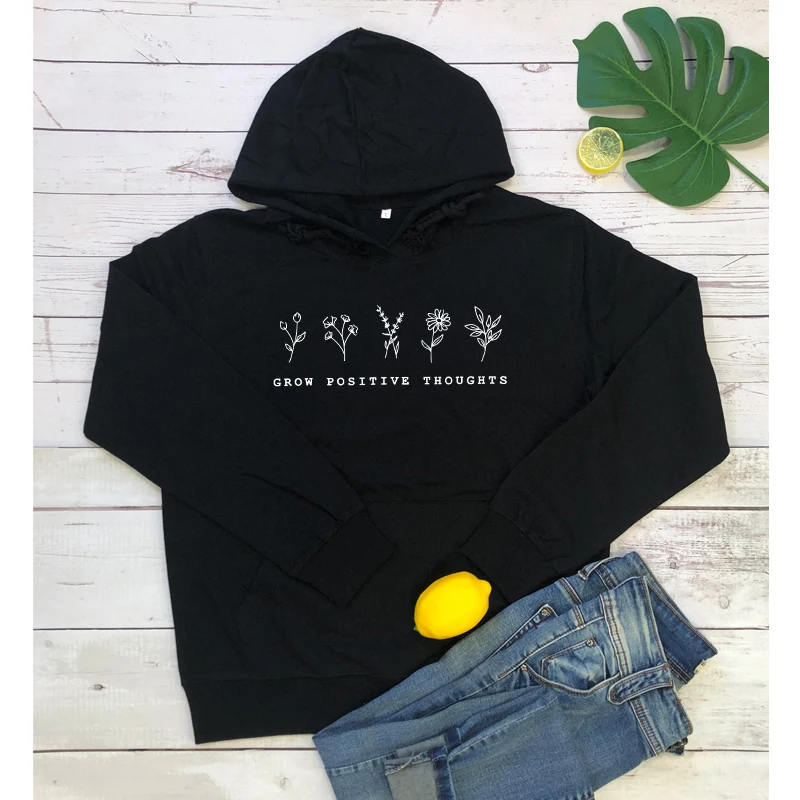 

Grow Positive Thoughts Letter Print White Women Hoodies Long Sleeve Crewneck Vegan Fall Clothing Harajuku Jumper Hoody Drop Ship