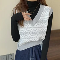 spring new womens knitting vest v neck sleeveless casual loose knitwear female geometric jacquard knitted pullover sweater femme