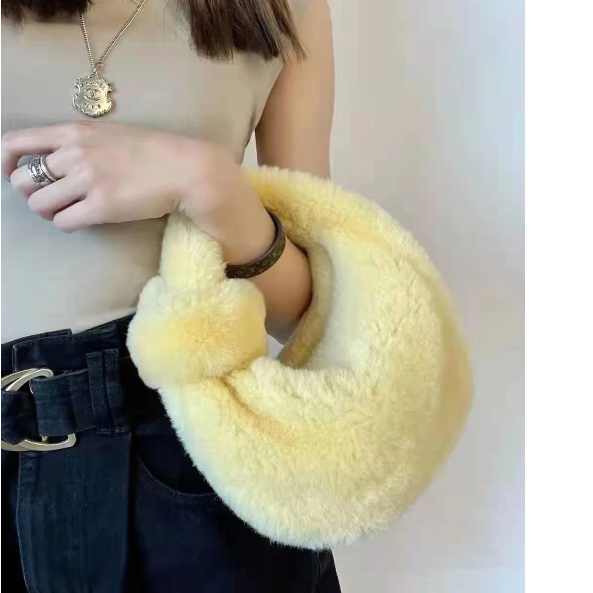 

real wool totes bag semi circular shaggy fashion Croissant bag lady Casual dating bags