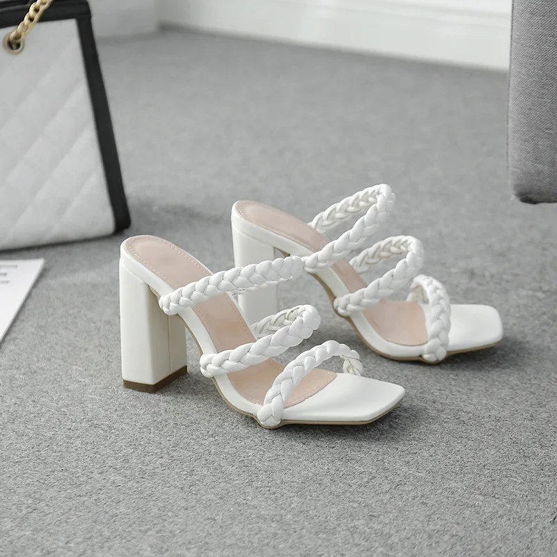 

2021 new fashion knitting square head solid color thick heel high heel sandal