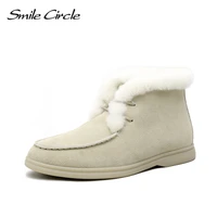 smile circle women snow boots natural fur genuine leather ankle boots winter comfortable flat wool boots women shoes
