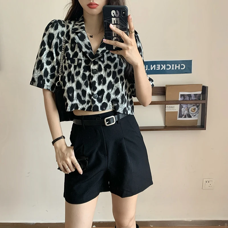 Sexy Leopard Blouse Chiffon Women Tops Summer Short Outerwear Small Camisole Blouse Chic Ladies Top Single Breasted Soft Shirts