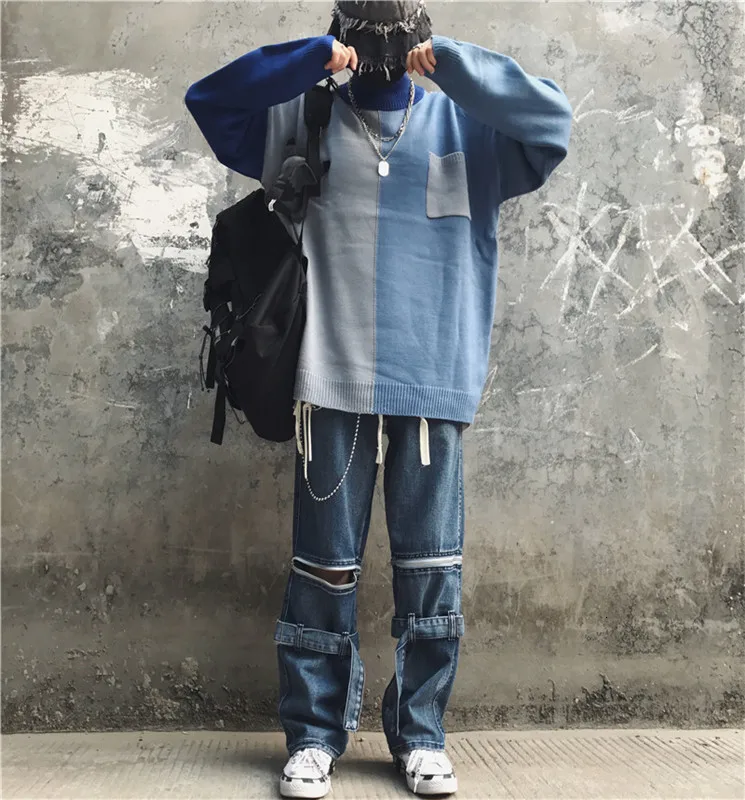Winter Turtleneck Sweater Men's Warm Fashion Contrast Casual Knit Pullover Men Streetwear Hip Hop Knitting Sweaters Male Clothes
