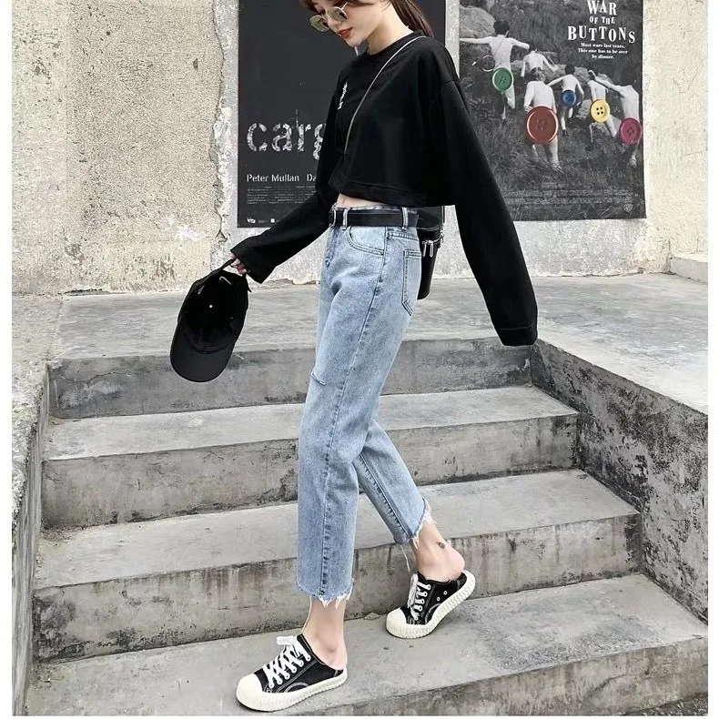 

Slim 2020 trendy ins 9-point-hole jeans women's summer thin high waist SLIM STRAIGHT pants