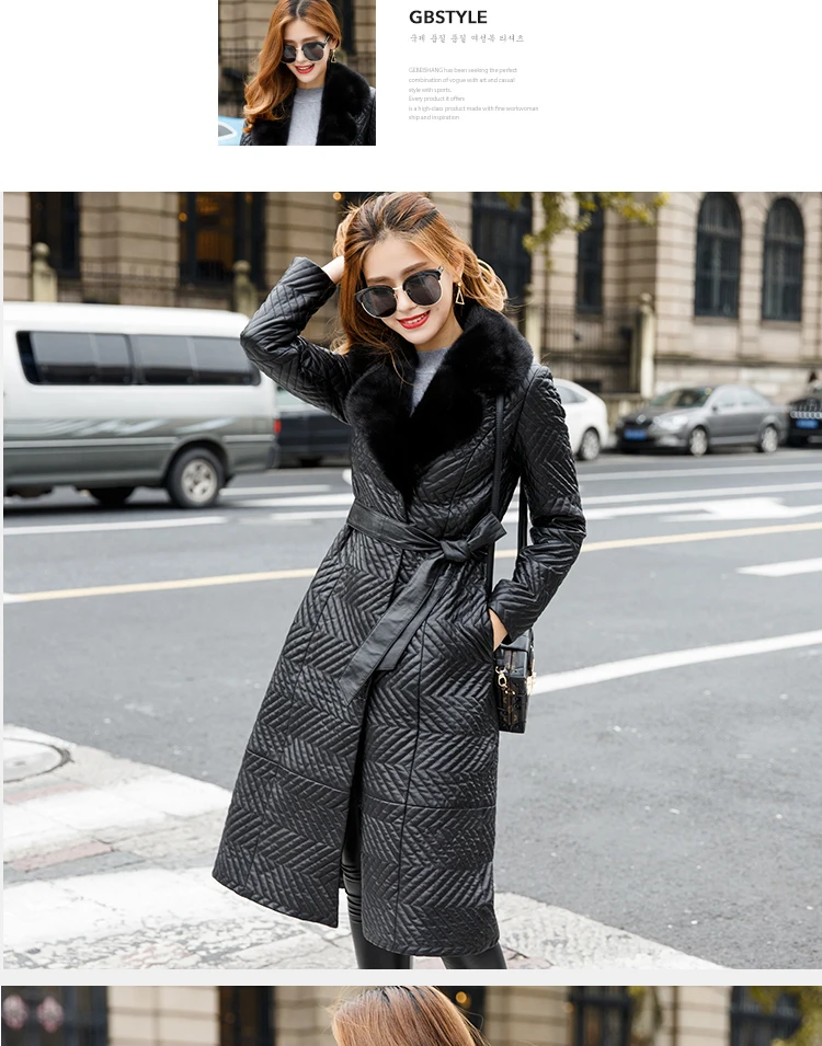 

JCHB 2021 genuine autumn winter leather coat long women's slim mink collar sheep skin cotton-padded coat