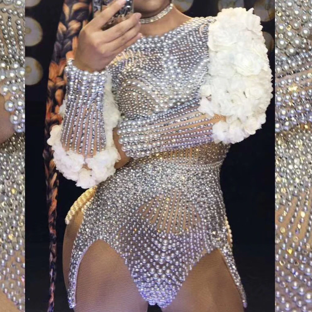 

Fashion Inlaid White Floral Sleeve Women Bodysuits Shining Silver Diamonds Pearls Jumpsuits Leotard Singer Dancer Stage Outfit