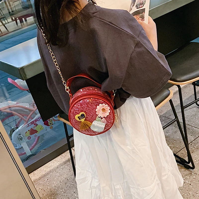 

2020 Girl Crossbody Bag Fashion Leather Sequins Flowers Children's Messenger Bag Small Round Bag Female Shoulder Bags