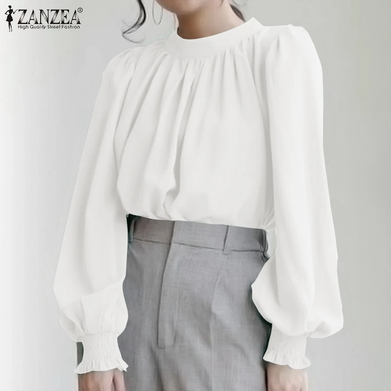 

Осенняя рубашка с дымчатым стежком, Женская Повседневная блузка с рукавами-фонариками, элегантная Рабочая офисная рубашка ZANZEA, туника овер...