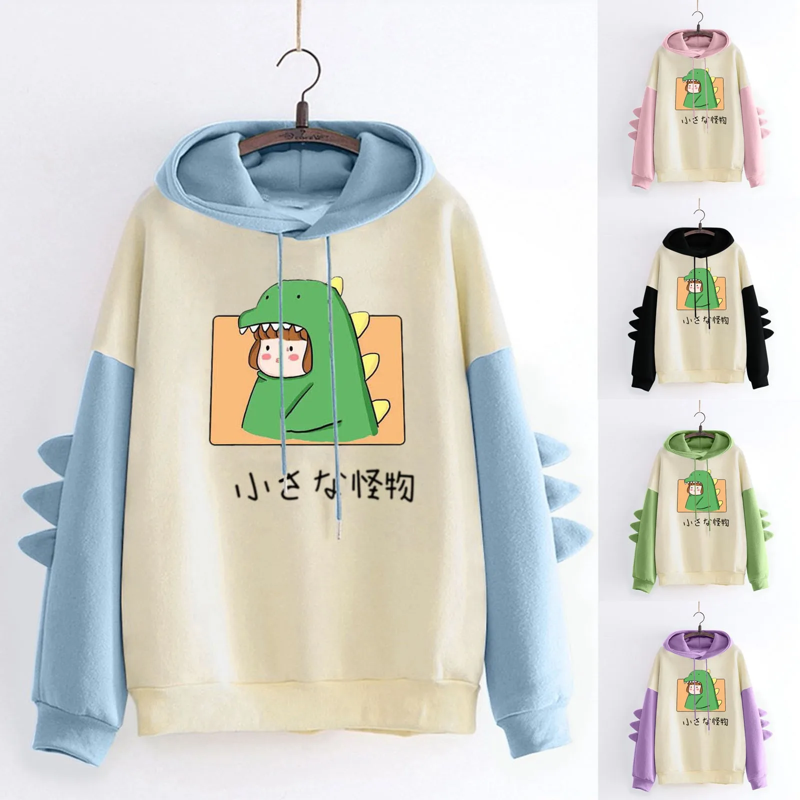 

Autumn Winter Women Harajuku Hoodies Cartoon Dinosaur Sweatshirt With Pocket Long Sleeve Turtleneck Fleece Girls Pullover Tops