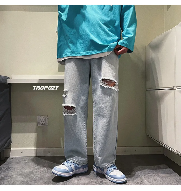 ICCLEK High Street Ripped Jeans Men's Loose Straight Leg 2021 New Pants Men Clothing  Jeans for Men  Baggy Jeans